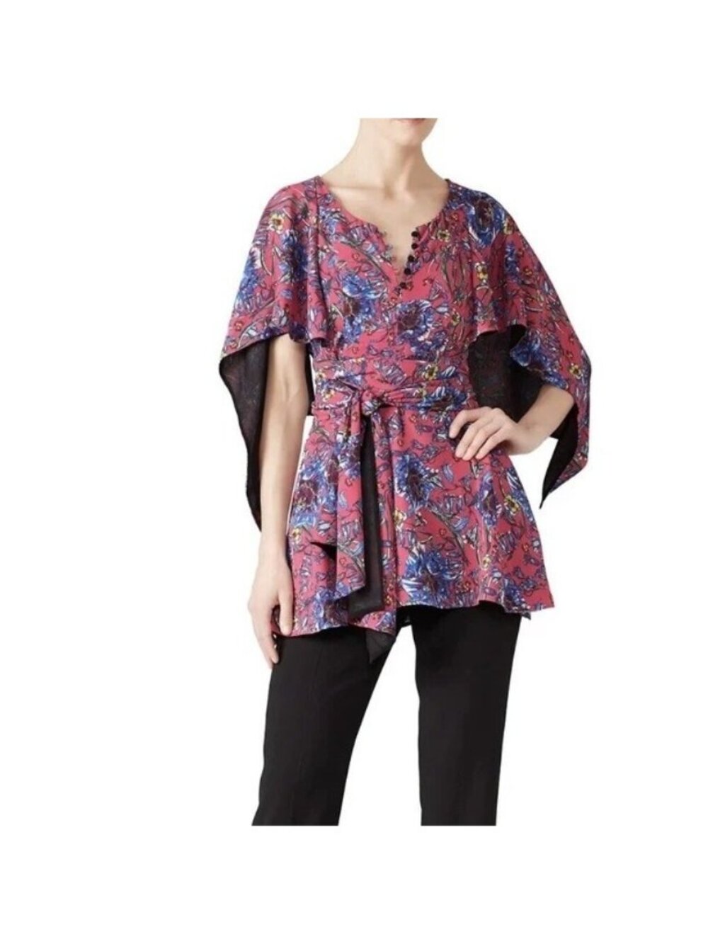 Prabal Gurung Collective Women's Fuchsia Pink Floral Ruffle Tie Cape Top Size 12